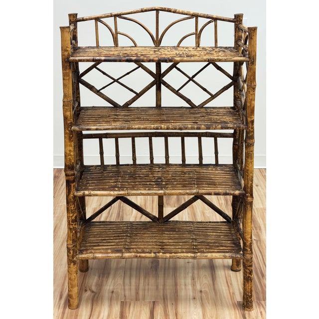 Vintage Four Tier Scorched Bamboo Etagere Shelf For Sale - Image 4 of 8