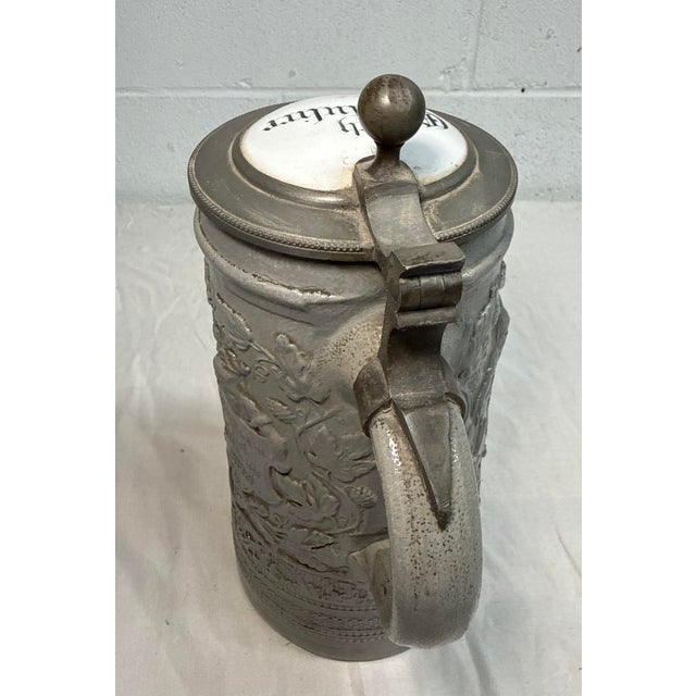 Metal Large Antique 1800's German Pottery Porcelain Pewter Lidded Beer Stein Mug For Sale - Image 7 of 13