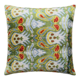Green Ikat Silk Velvet Pillow 20x20 | Handmade Designer Accent Cushion For Sale