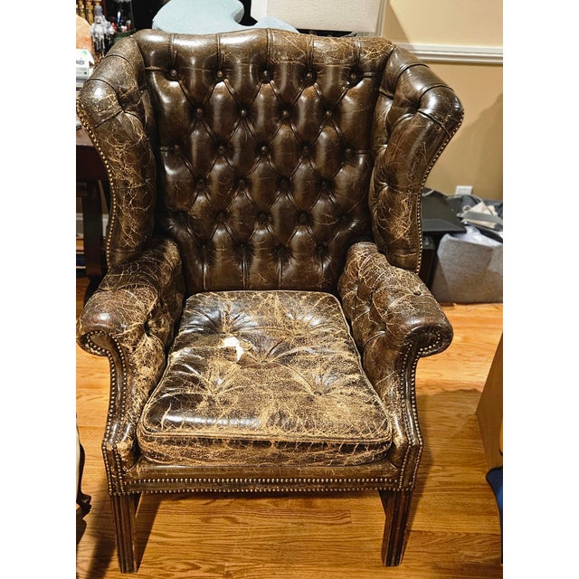 1990s 1990s Restoration Hardware Tufted Distressed Leather Wingback Chairs - A Pair For Sale - Image 5 of 12