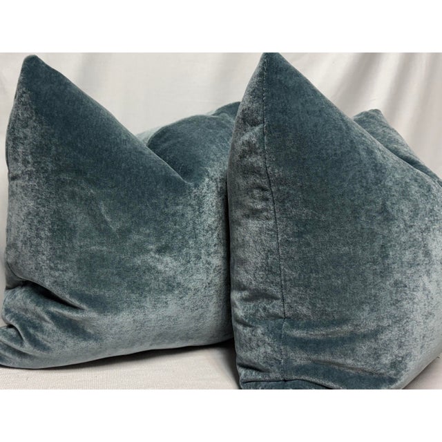 Custom pair of 22" pillows covered in Rogers and Goffigan "Silk Mohair" in color thunder cloud. These pillows have tapered...