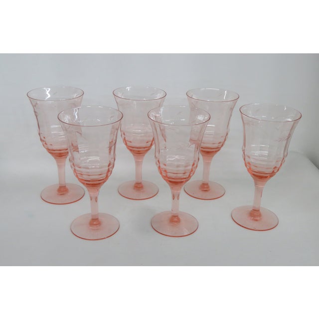 Early 20th Century Pink Stem Depression Glass Ribbed Glassware Wine Water Drink Goblets 4752b - 6pc For Sale - Image 4 of 15