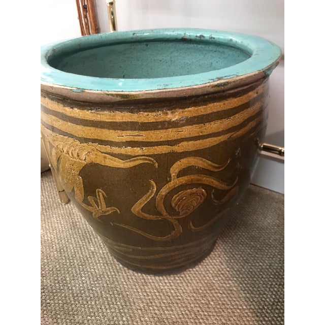 Large Chinese Clay Dragon Egg Pot Planter With Turquoise Inside Chairish