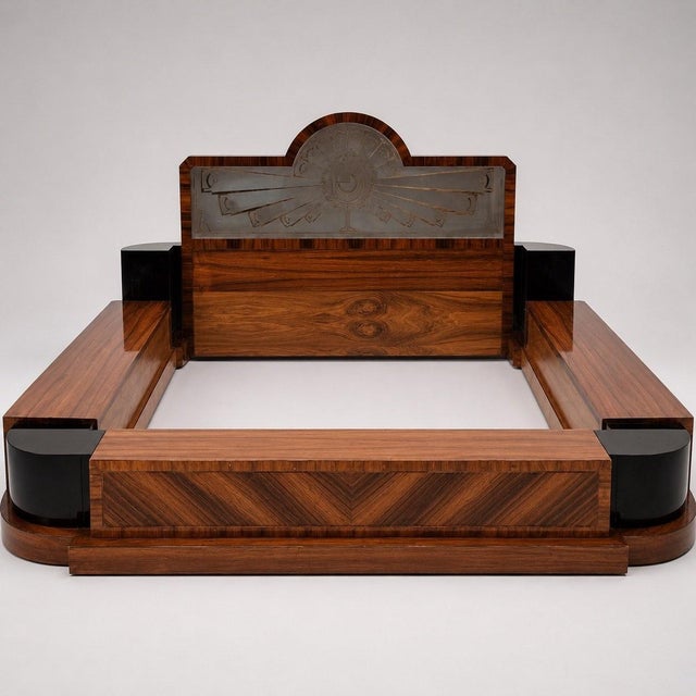 1930s Art Deco Double Bed in Mahogany, Black Lacquer and Frosted Glass, 1930s For Sale - Image 5 of 5