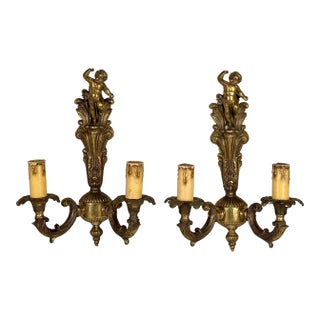 Vintage Baroque Gold Gilded Cherub Double Arm Wall Sconces - A Pair For Sale