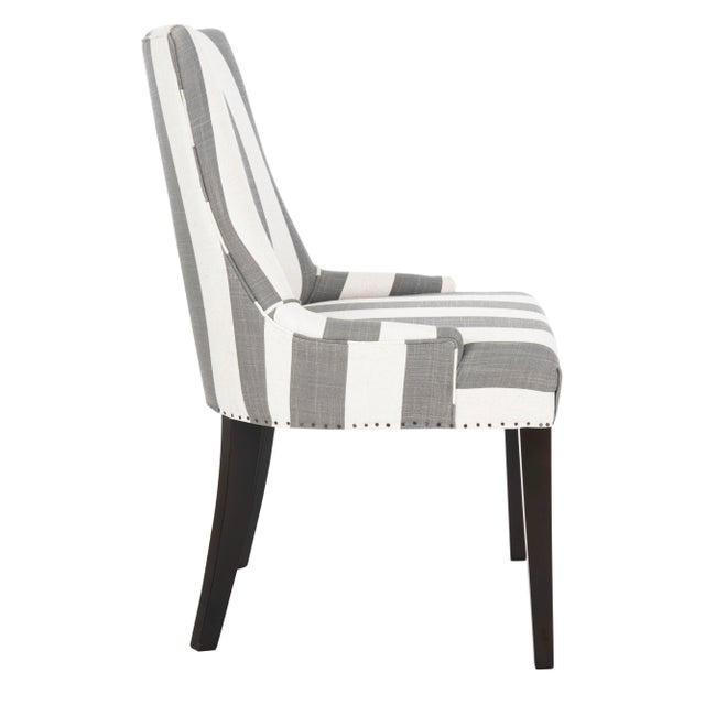 Modern 19''H Stripe Linen Dining Chair in Flat nailheads in Grey & Bone & Espresso For Sale - Image 3 of 10