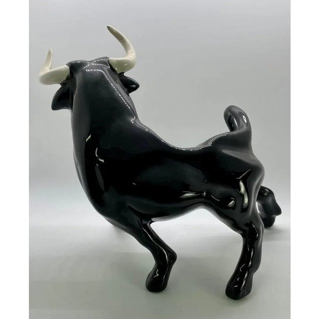 1950's Ceramic Black Bull Figurine With White Horns, a Pair For Sale - Image 11 of 13