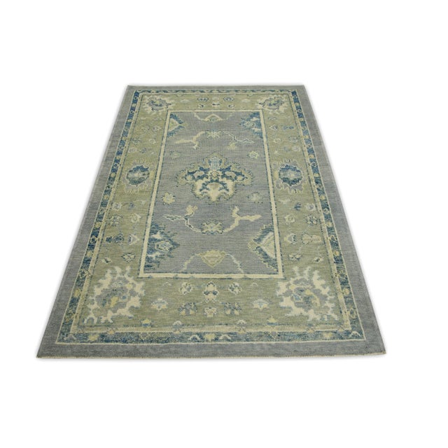 Early 21st Century Early 21st Century Blue & Green Floral Design Handwoven Wool Turkish Oushak Rug 4'1" X 5'10" For Sale - Image 5 of 7