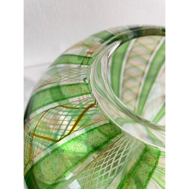 Late 20th Century Handblown Art Glass Vase in Green and Gold Stripe and Plaid Design For Sale - Image 4 of 8