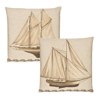 Pair of Sailing Boat & Yacht Tapestry Cushions With Feather Filler - 46x46cm For Sale