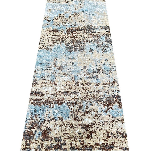 Exact Size: 2'6" x 20'1" Color: Blue Age: New Materials: Wool, Bamboo Silk Construction: Hand Knotted Origin: India