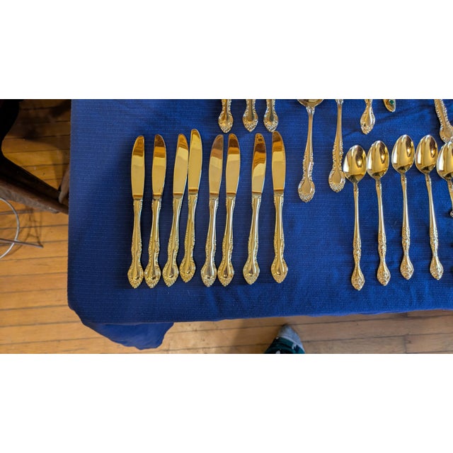 Metal Late 20th Century Mid Century Modern Curated Gold-Tone Flatware Service - Featuring Gense Nobel & Mixed Ornate Patterns - 86-Piece For Sale - Image 7 of 7