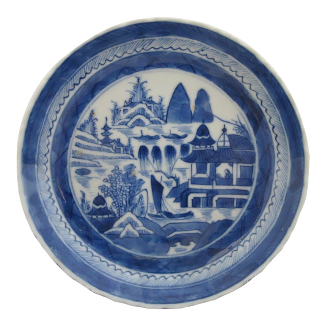 Chinese Export Canton Blue & White Porcelain 5 1/2" Saucer Dish For Sale