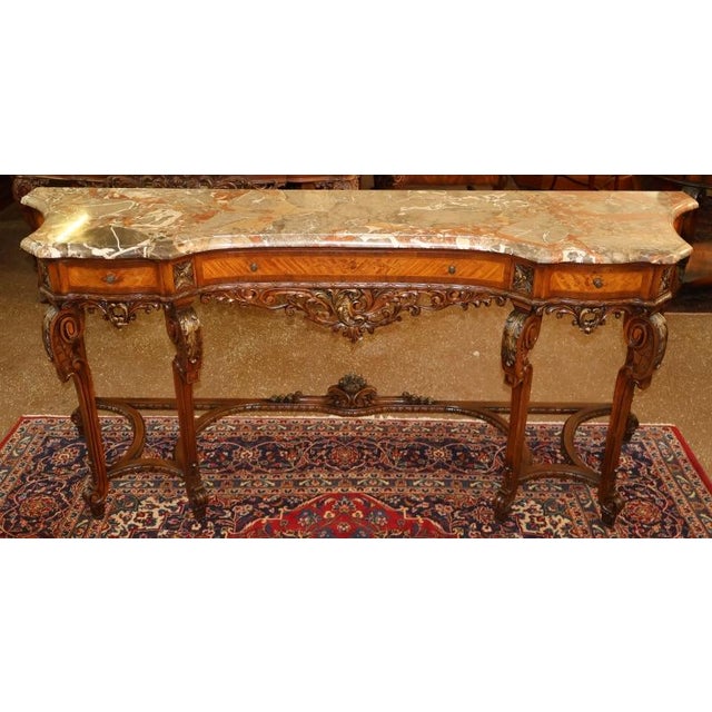 French Louis XVI Style Walnut Inlaid Marble Top Buffet Sideboard Circa 1920's Dimensions : 84" Wide X 23" Deep X 38" Tall...