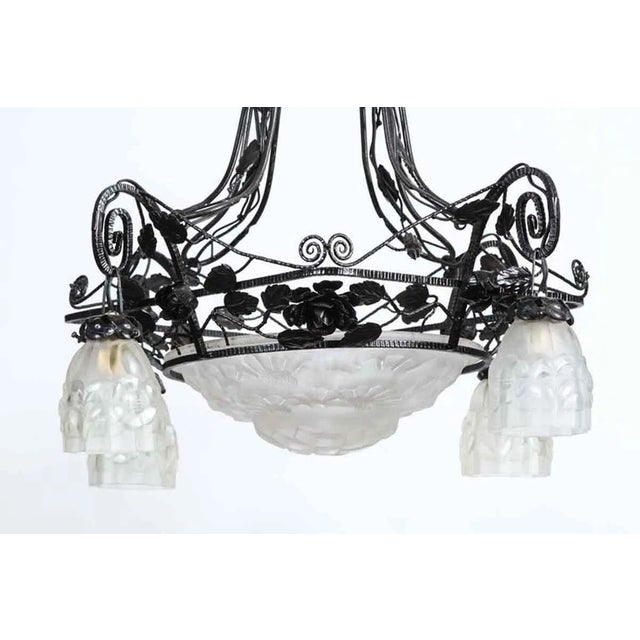 1930s 1930s Art Deco Wrought Iron & Glass 4 Light Chandelier For Sale - Image 5 of 9