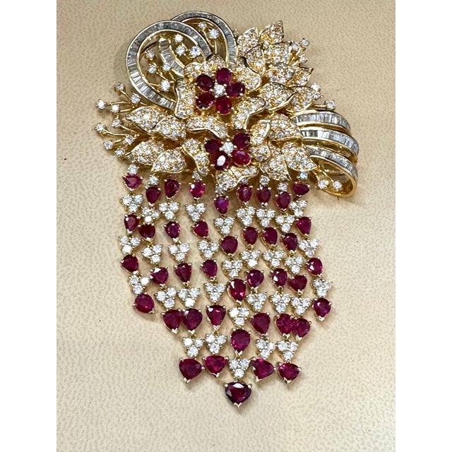 Ruby Red Vintage 18 Ct Diamond & 15 Ct Ruby Floral Broach 52.8 GM 18 Karat Yellow Gold For Sale - Image 8 of 18