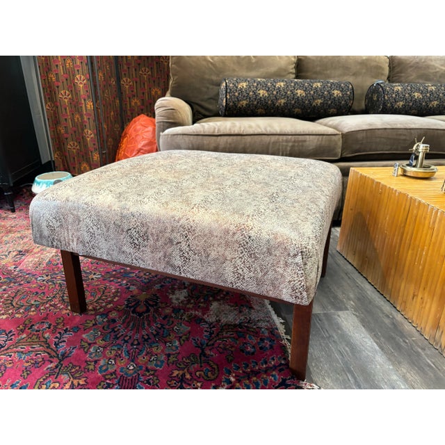 Mid-Century Modern 1960s Vintage Mid-Century Modern Walnut Ottoman Reupholstered in Python Print Fabric For Sale - Image 3 of 10