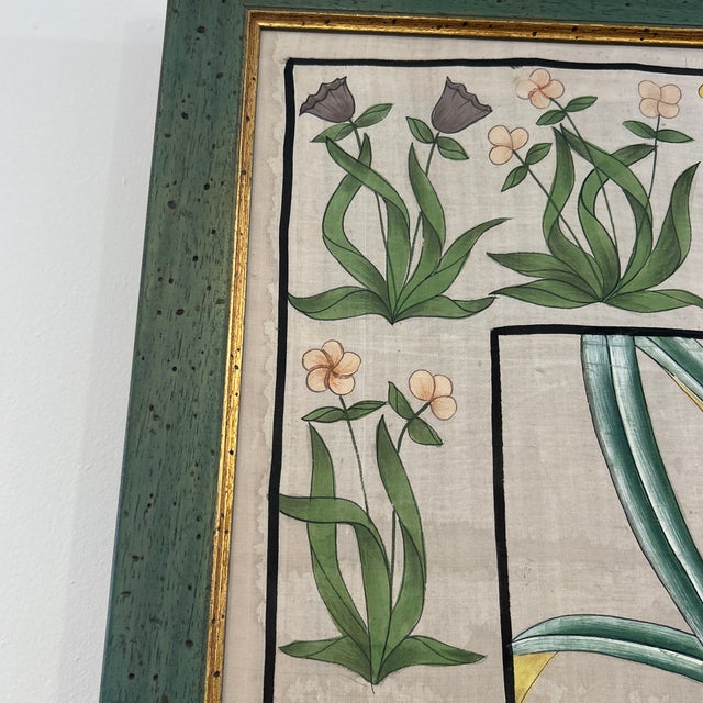 Vintage Hand Painted Silk Framed Textile Birds and Flowers For Sale - Image 4 of 12