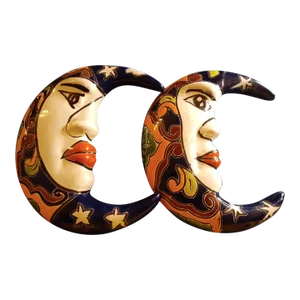 Pair of Vintage Talavera Mexican Folk Art Moon Face Decor