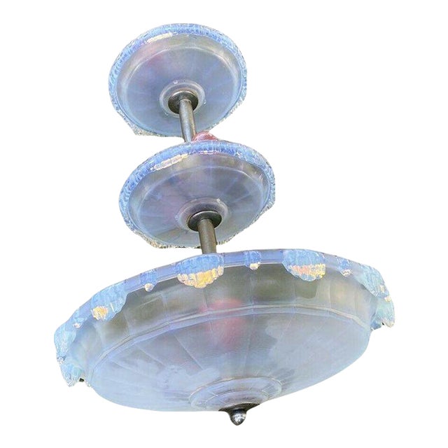 C. 1930 Ezan France French Art Deco Large Tiered Opalescent 7 Light Chandelier For Sale
