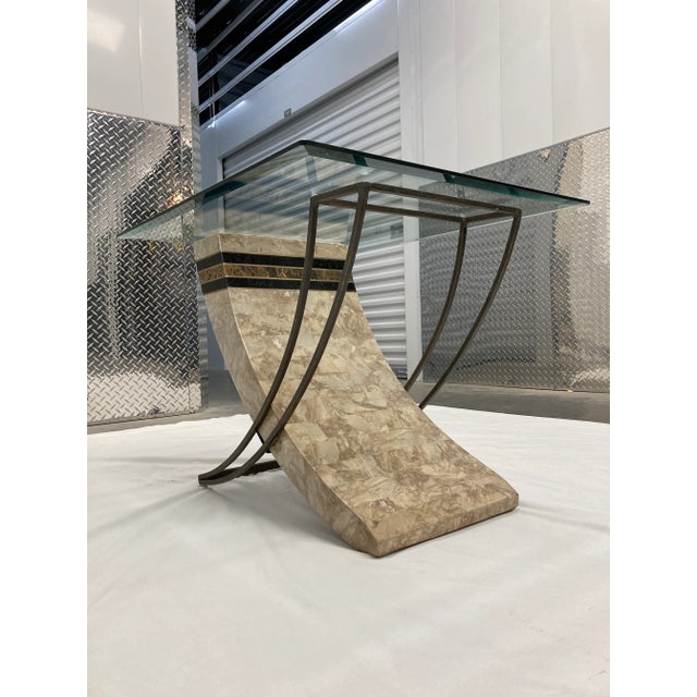 1980s Maitland-Smith Style Tessellated Stone and Iron Sculptural Base Glass Top Side End Table For Sale - Image 13 of 13