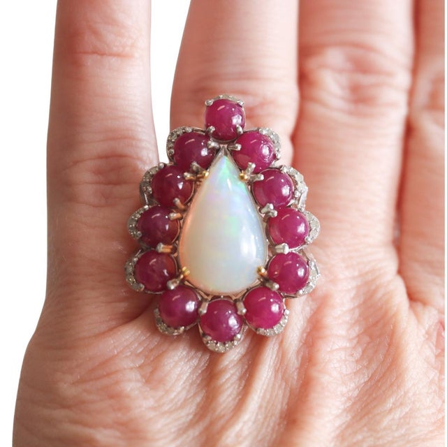 Mid 20th Century Ruby, Opal and Diamond Pear-Shaped Cocktail Ring, 14k Gold and Sterling Silver For Sale - Image 5 of 8