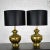 Stunning pair of hand hammered Tibetan brass lamps with glass jewels, etched and applied details, and new black Fenchel...