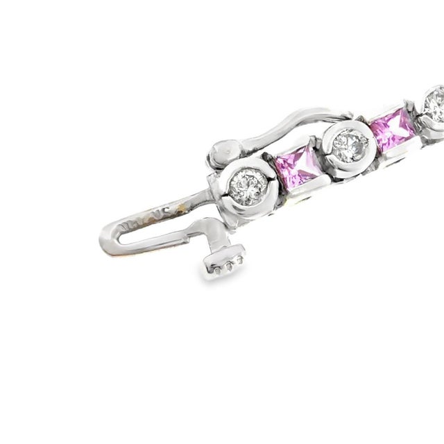 Vintage 14k White Gold Pink Sapphire and Diamond Tennis Bracelet For Sale - Image 4 of 7