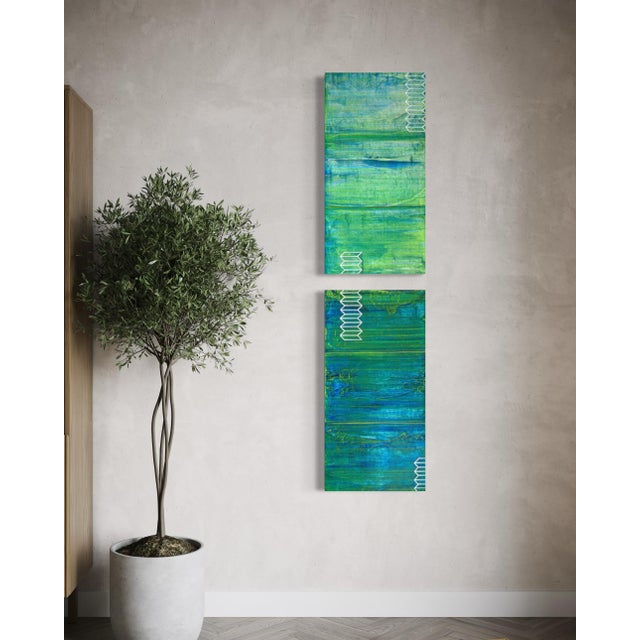 Contemporary Rebecca Koury Original "Ocean Dreams" Teal Emerald Diptych Contemporary Abstract Painting, Acrylic on Canvas, Carmel California Art, 2019 For Sale - Image 3 of 3