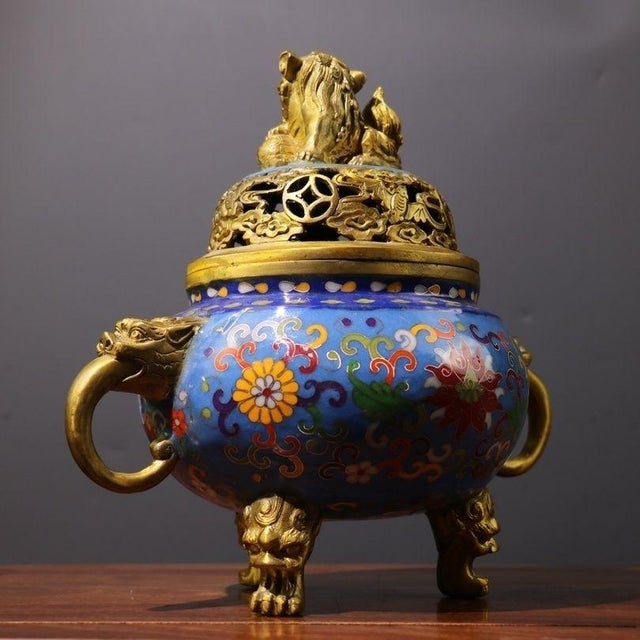 Traditional Late 20th Century Cloisonné Enamel Censer With Lion Finial and Dragon Handles For Sale - Image 3 of 8