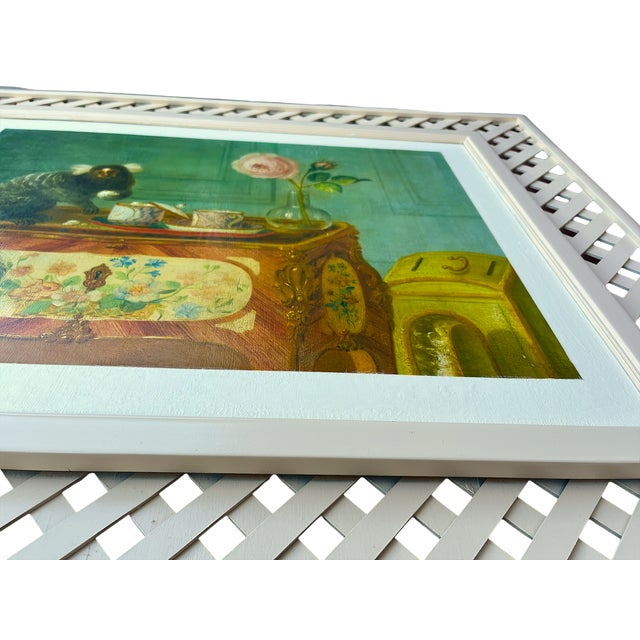 1980s Louis Tessier, a Marmoset Monkey Taking Sweets on a Painted Commode Giclée Reproduction Print on Canvas in Lattice Frame For Sale In Jacksonville, FL - Image 6 of 11