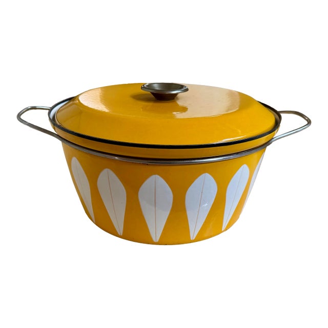Vintage Cathrineholm Yellow Lotus Enamel Dutch Oven Lidded Pot For Sale