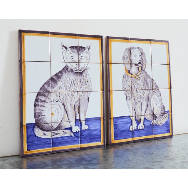 Victorian Pair of Dutch Delft Tile Panels of a Cat and Dog For Sale - Image 3 of 12