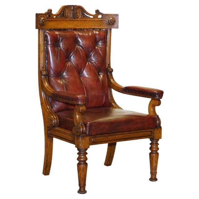 English Estate Oxblood Leather Throne Armchair, 1840s For Sale