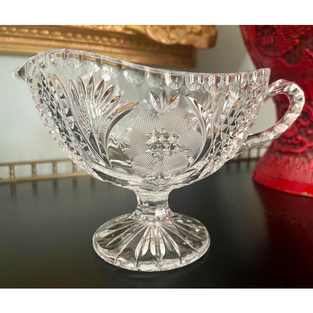English Vintage Clear Crystal Etched Floral Gravy Boat For Sale - Image 3 of 9