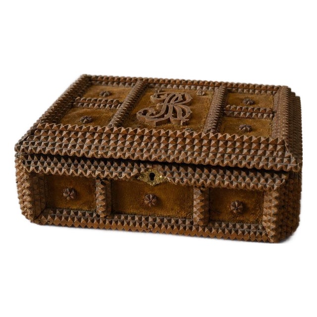 Antique Tramp Art Box Hand Carved Folk Art Keepsake Box Monogram R Velvet Jewelry Box Primitive Wooden Storage Decor For Sale