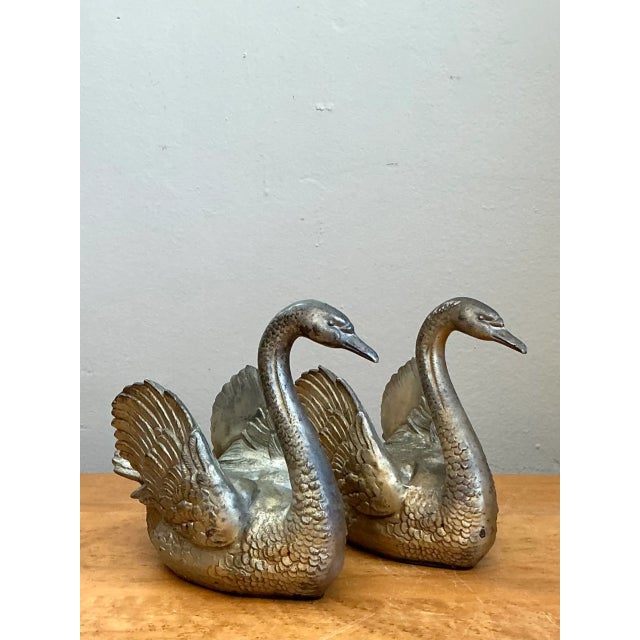 Metal Vintage Ornamental Silver Swan Sculptures - Pair For Sale - Image 7 of 12