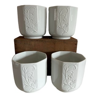 Set of Four Limoges Glazed White Pottery Octagonal Planters With Floral Motif ~ Made in France For Sale