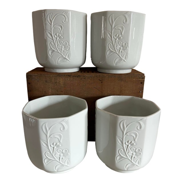 Set of Four Limoges Glazed White Pottery Octagonal Planters With Floral Motif ~ Made in France For Sale