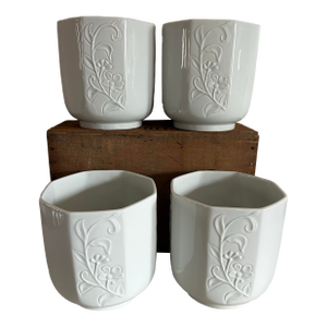 Set of Four Limoges Glazed White Pottery Octagonal Planters With Floral Motif ~ Made in France