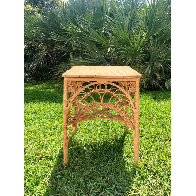 Vintage 1970s Spanish Style Fiddlehead Scroll Rattan Side Table For Sale - Image 4 of 4