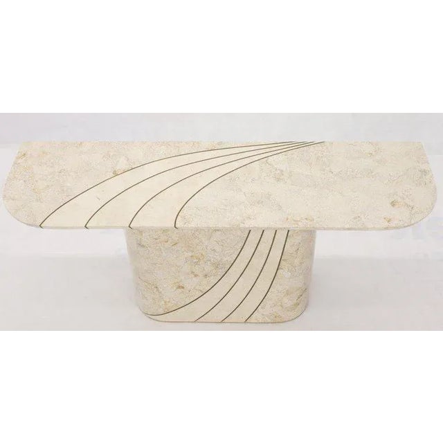Tessellated Stone Veneer Tile Brass Inlay Pedestal Base Console Sofa Table For Sale - Image 4 of 12