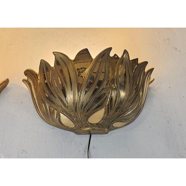 Italian Gilt Metal Lotus Flower Wall Sconces, 1980s, Set of 2 For Sale - Image 6 of 13