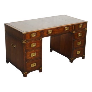 Military Campaign Twin Pedestal Desk with Aged Green Leather Top from Bevan Funell For Sale