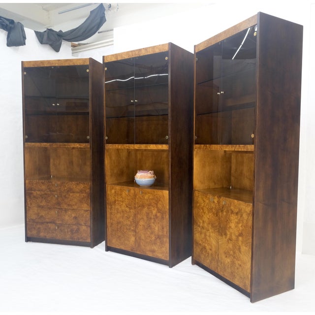 Century Furniture Set of 3 Burl Wood Lighted Cabinets Wall Units Mid Century Modern MINT For Sale - Image 4 of 17
