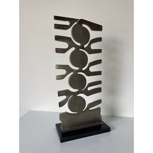 1980’s Vintage Brutalist Abstract Stainless Steel Sculpture on Black Marble Base For Sale - Image 4 of 12