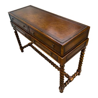 1990s Theodore Alexander Barley Twist Mahogany and Brown Tooled Leather Console Table For Sale