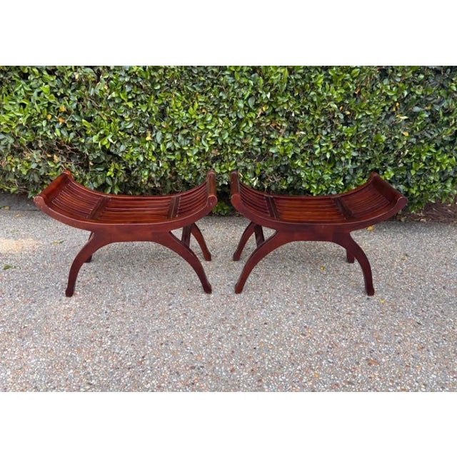 Fabulously-stylish pair of vintage curved Asian benches with rosewood finish. Easily at home with any decor, modern or...