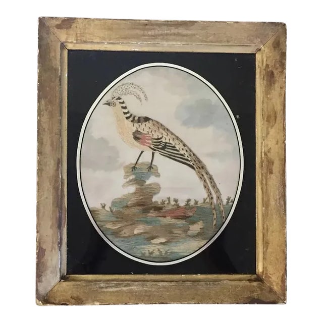Antique 18th Century English George III Needlework of an Exotic Bird in Original Gilt Wood Frame For Sale