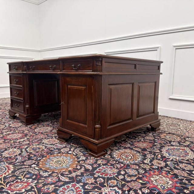 English Partner Desk with Green Leather For Sale - Image 6 of 18
